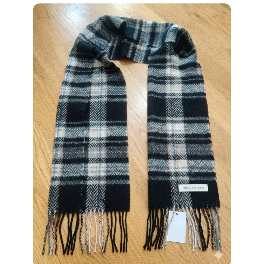 Premium Wool Blend Plaid Scarf Black Grey Cream Herringbone Fringed Winter Wrap